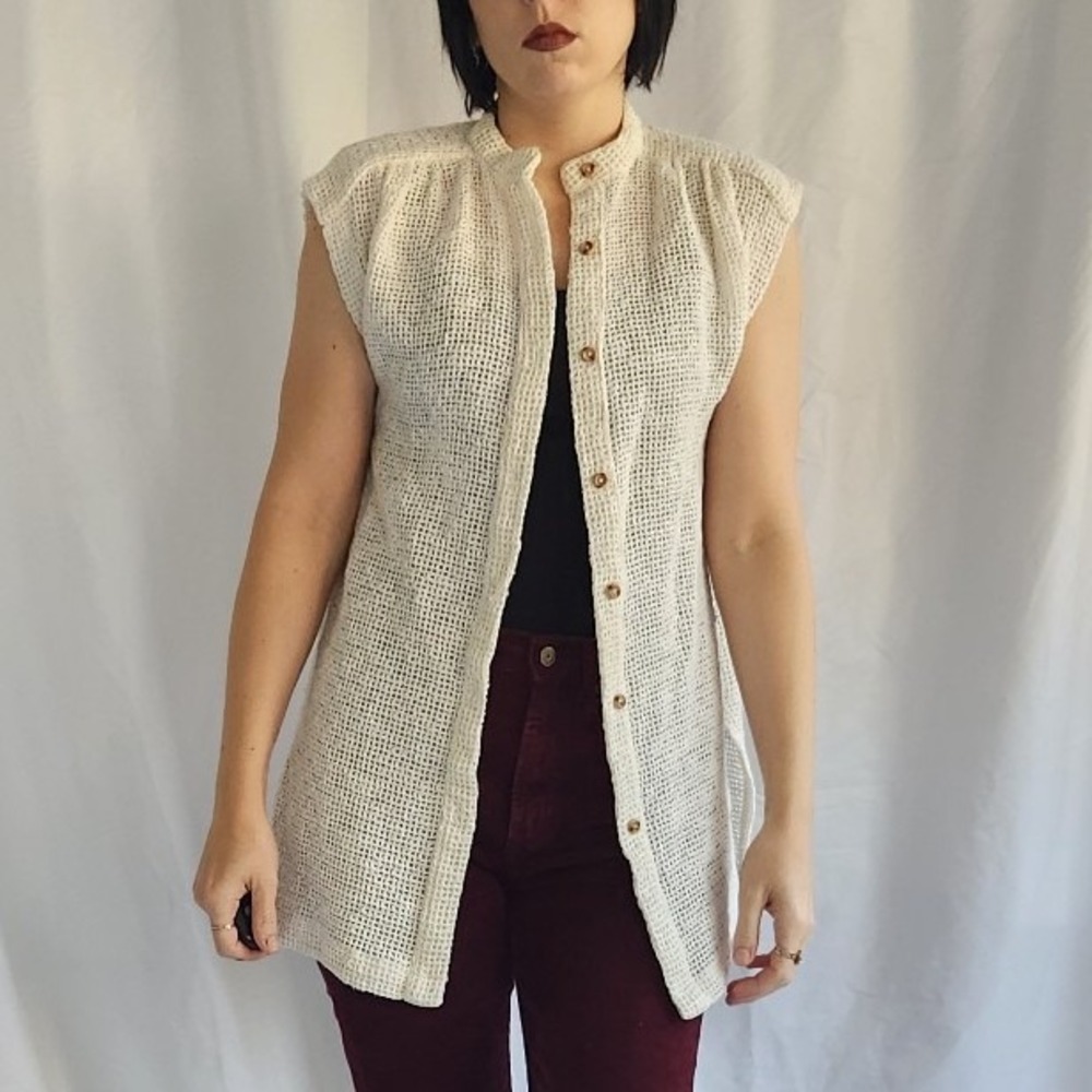 70s Cream Loose‎ Knit Sleeveless Cardigan